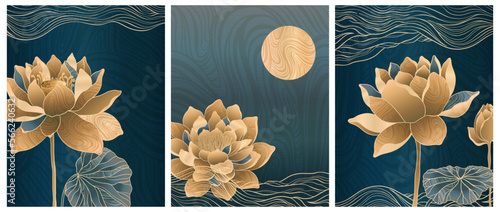 A minimalistic cards flower lotus with mountains and an art deco style. Smooth gold lines on a dark blue prestigious background.