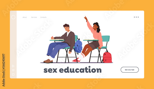 Sex Education Landing Page Template. Student Characters Sitting At Desk With Textbook Raising Hand In Classroom