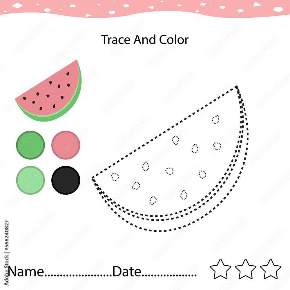 Preschool worksheet for practicingz. Trace watermelon fruit and color