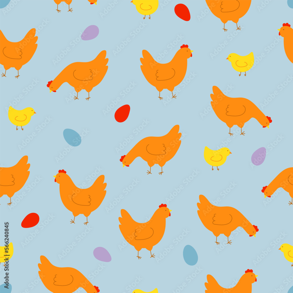 Seamless pattern with colorful hens, chickens and eggs. Background for Easter, decor, invitation, cards. Seamless pattern with colorful hens, chickens and eggs. Background for Easter, decor, invitation, cards.