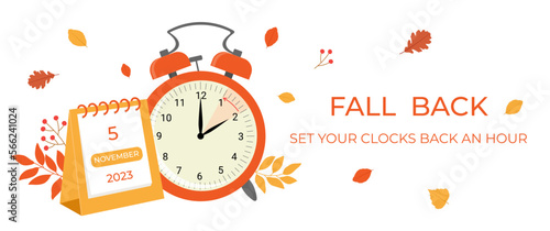 Daylight saving time ends concept banner. Fall Back time. Allarm clock with autumn leaves and calendar