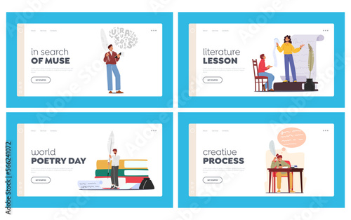 Creative Process Landing Page Template Set. Writers Or Poets Characters Reading And Writing Poetries