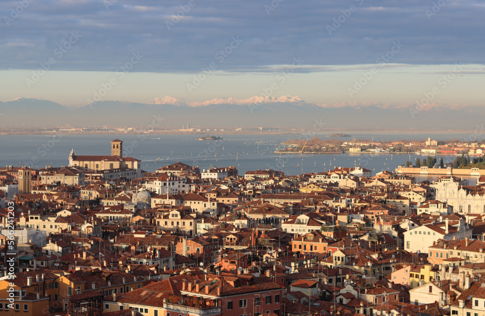 Fototapeta premium Venice city from above. Beautiful panoramic view of Italian city. Golden hour photo of Italy. Romantic tourist destination concept.