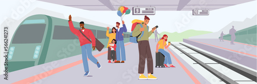 People Waiting Train on Railway Station. Male and Female Characters Meeting Friends, Waiting Boarding on Platform
