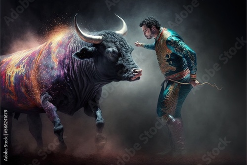 The corrida bullfighting of the future made with a holographic show the bull is a hologram illustration generative ai photo