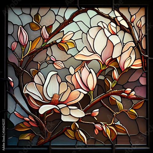 Magnolia Flower  Vintage Painting  White Magnolia Stained Glass Imitation  Abstract Generative AI Illustration