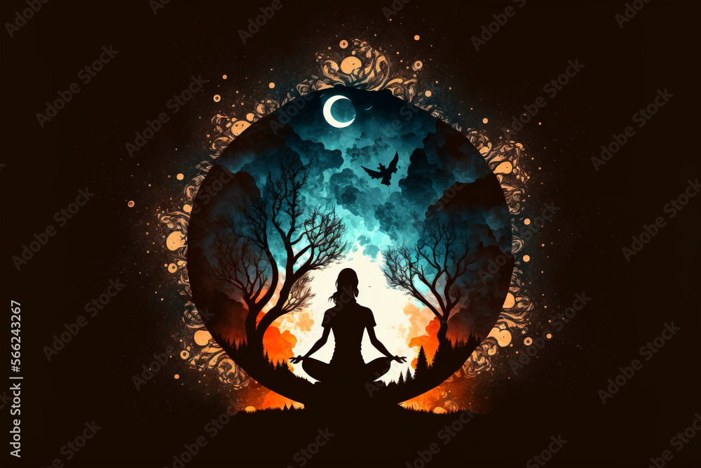 silhouette of a woman in yoga position on a night background
