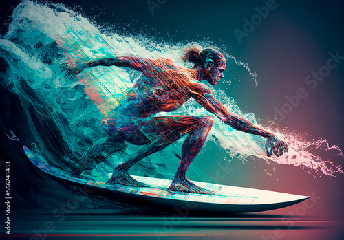 futuristic artificial intelligence surfer surfs on energy wave, digital wave, data stream, generative ai