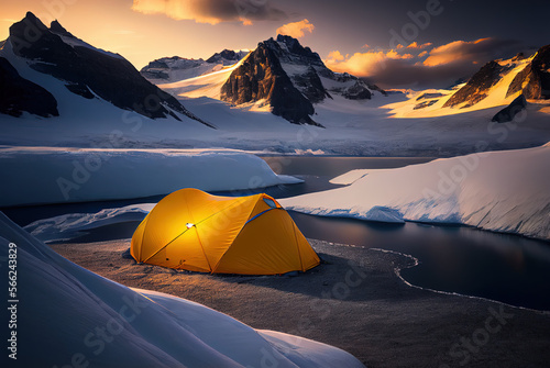 Yellow tent on a glacier in the mountains. Generative AI. 