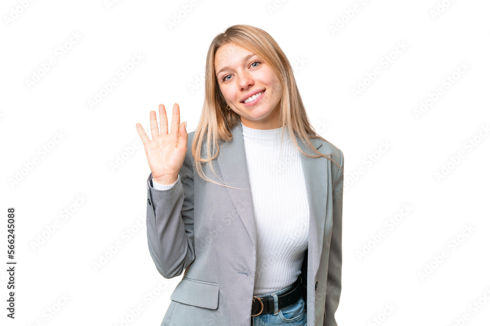 Young pretty blonde woman over isolated chroma key background saluting with hand with happy expression Young pretty blonde woman over isolated chroma key background saluting with hand with happy expression