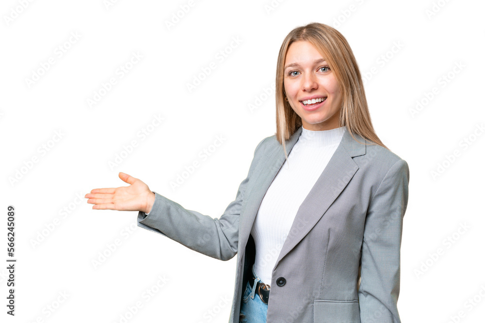 Young pretty blonde woman over isolated chroma key background extending hands to the side for inviting to come Young pretty blonde woman over isolated chroma key background extending hands to the side for inviting to come