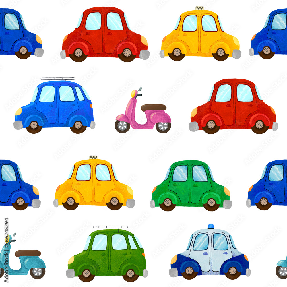 Cars Pattern. Seamless pattern with cars of different types and colores. Taxi, police car, car with roof rack, scooters. Hight resolution, 300 dpi. White background Cars Pattern. Seamless pattern with cars of different types and colores. Taxi, police car, car with roof rack, scooters. Hight resolution, 300 dpi. White background