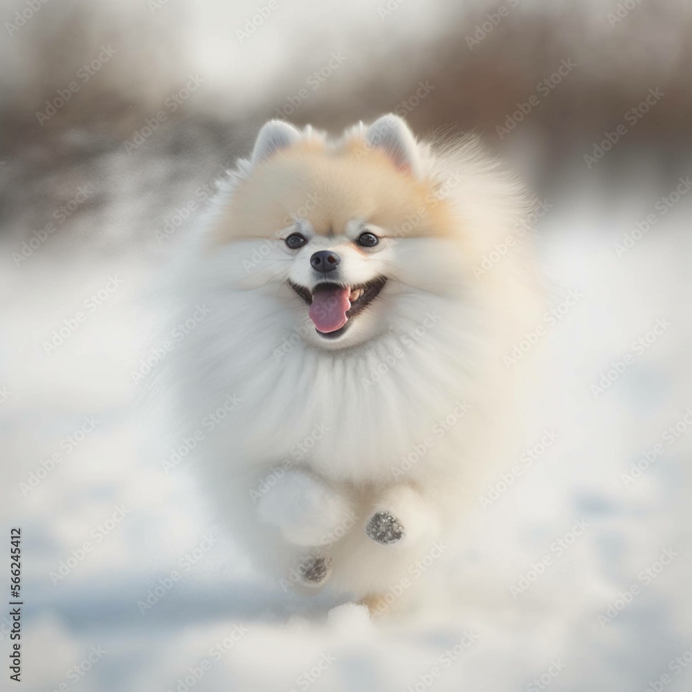 Fototapeta premium A Pomeranian running in the snow