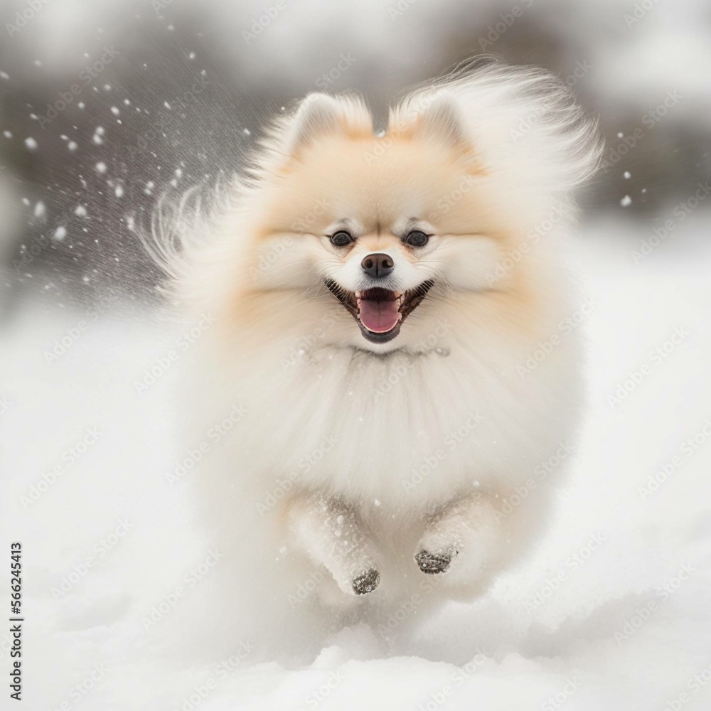 A Pomeranian running in the snow A Pomeranian running in the snow