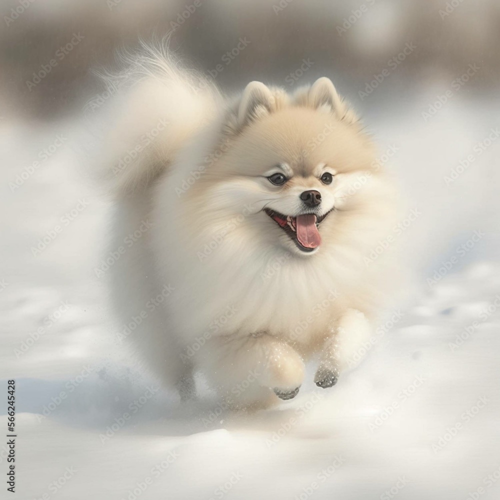 Fototapeta premium A Pomeranian running in the snow