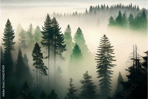 Forest landscape view from above. foggy forest. Generative AI © Pixel Matrix