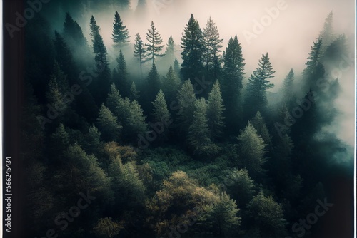 Forest landscape view from above. foggy forest. Generative AI © Pixel Matrix