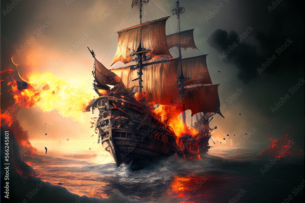 Pirate ship destroyed in flames after battle at sea. Digital illustration. Generative AI