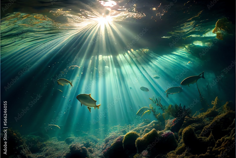 Sun beams under water. Generative AI