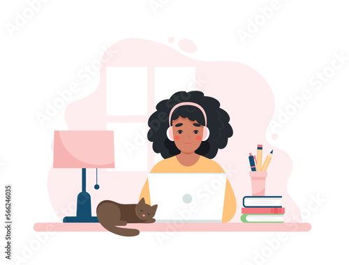 Black woman working with computer, home office, student or freelancer. Customer service, call center and support. Cute concept vector illustration in flat style
