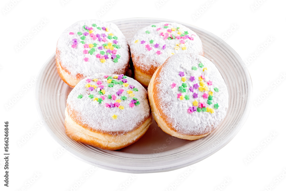 Isolated carnival sprinkled doughnuts  on white plate, top view