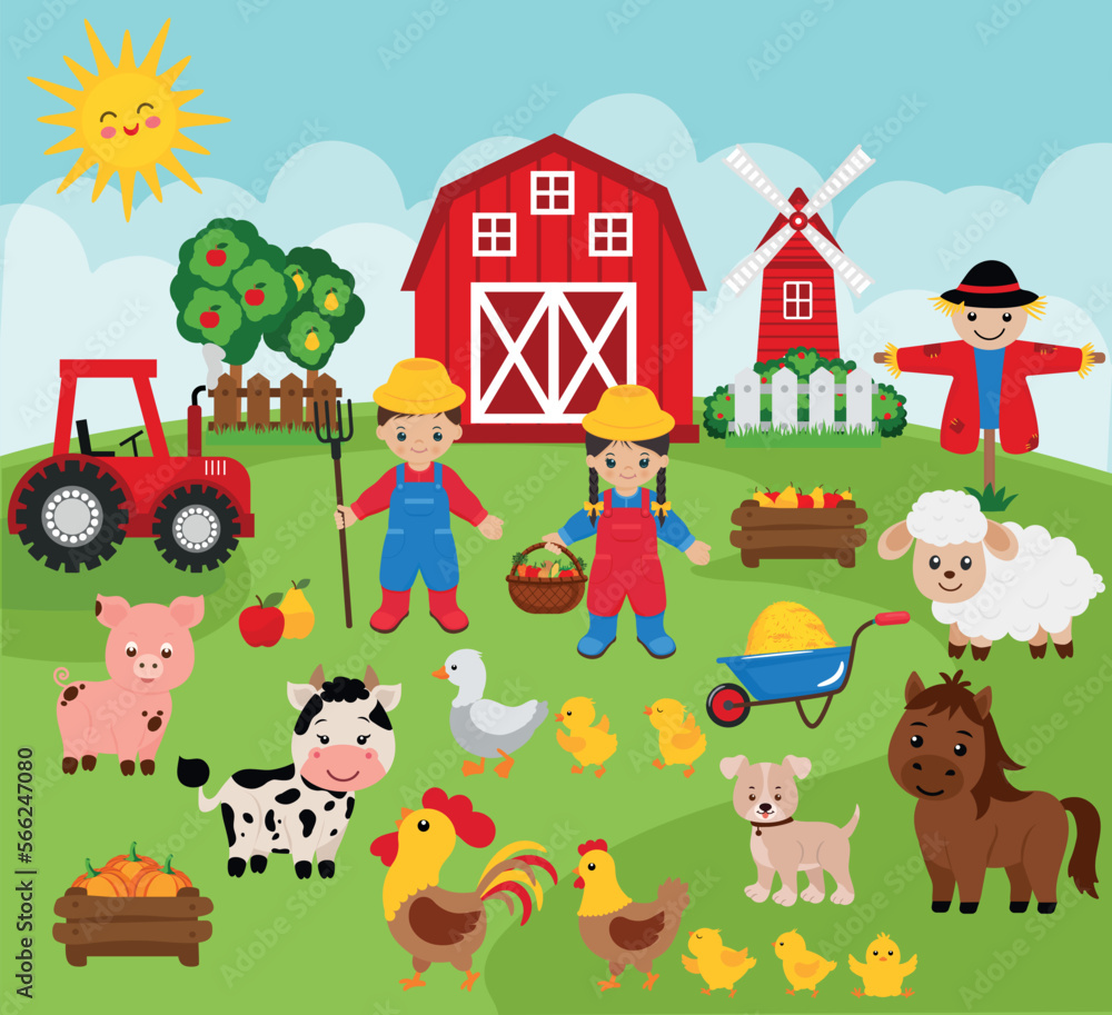 Farm vector clipart. Livestock. Farmers boy and girl. Farm yard.