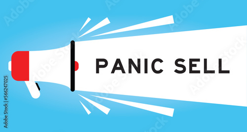 Color megaphone icon with word panic sell in white banner on blue background