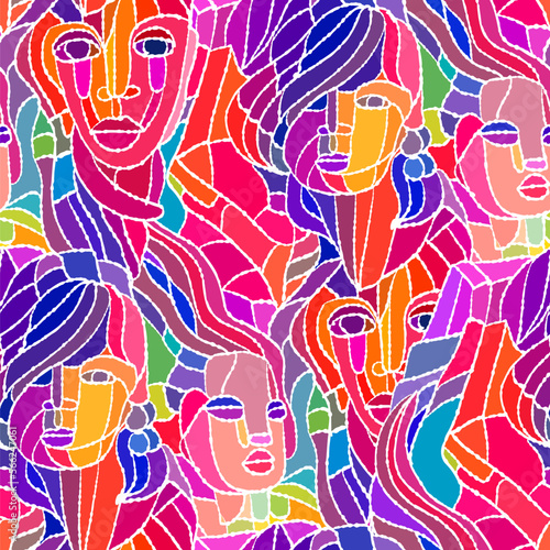 Seamless pattern with abstract people's faces. Mosaic pattern.