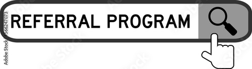 Search banner in word referral program with hand over magnifier icon on white background