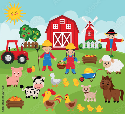 Farm vector clipart. Livestock. Farmers boy and girl. Farm yard.