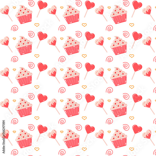 seamless pattern with hearts, and ice cream. lollipops, cupcakes, on white background. vector illustrator, valentines day