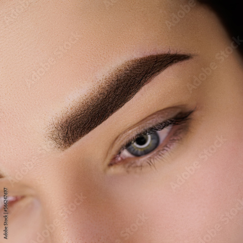 Permanent eyebrow makeup in the powder technique. Close-up eyebrow tattooing gentle eyebrow contouring in permanent makeup.