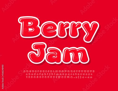 Vector sweet sign Berry Jam with Red glossy Font. Bright funny Alphabet Letters, Numbers and Symbols set