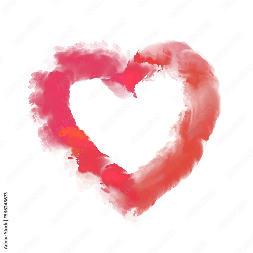 Watercolor abstract background, isolated object in heart shape, red color accent, transparent background, png 