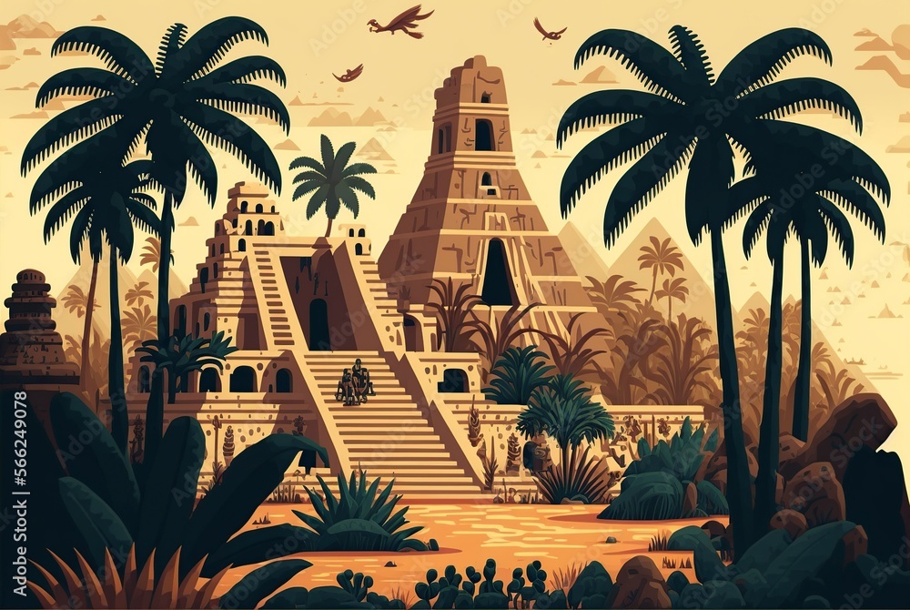ancient aztec cartoon illustration, pyramid, temple and statues, generative AI