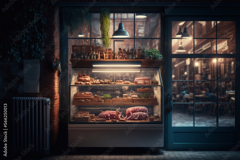 Showcase meat raw products in a supermarket. Generative AI