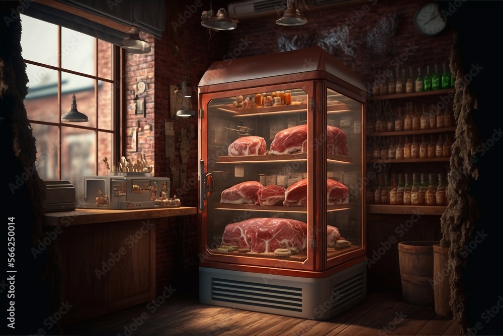 Quality raw meat showcase. Fresh and pink meat collection. Meat shop. Various and good product in the store. Generative AI