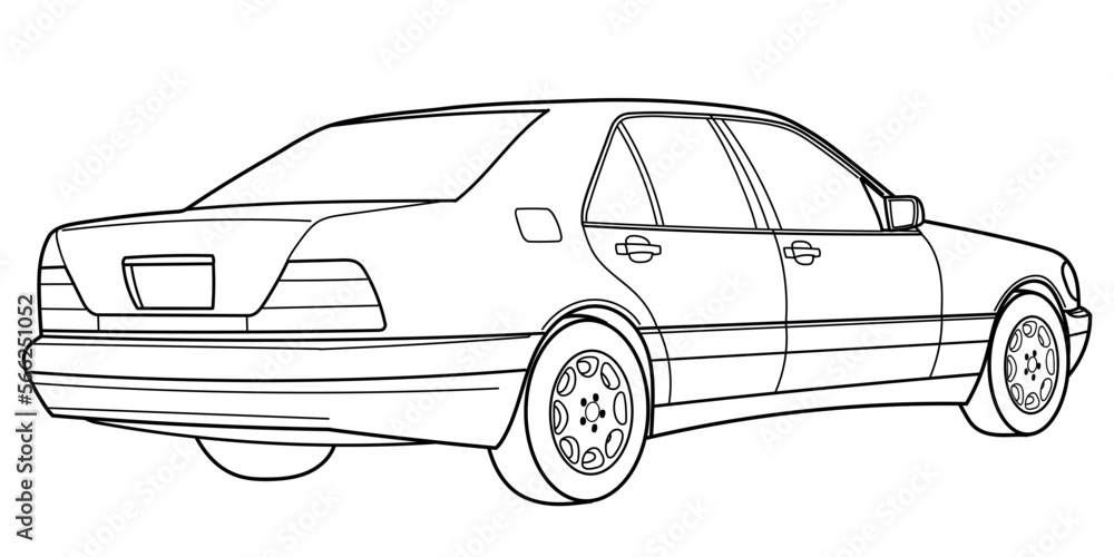 Classic luxury sedan car. Rear and Side 3d view shot. Outline doodle vector illustration. Design for print, coloring book