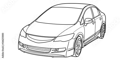 Classic sport sedan car. Front and side 3d view. Street racing style car. Outline doodle vector illustration for your design - coloring book or print.	