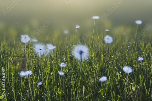 Beautiful meadow field with fresh grass and yellow dandelion flowers in nature against blurry blue sky with clouds. summer spring perfect natural landscape - generative ai