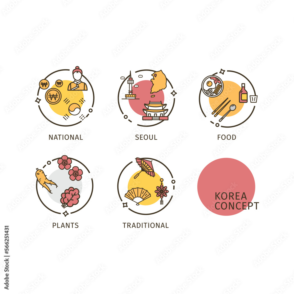 Korea Travel and Tourism Concept Thin Line Icons Labels Set Include of . Vector illustration of Label