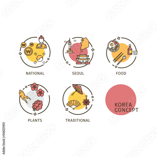 Korea Travel and Tourism Concept Thin Line Icons Labels Set Include of . Vector illustration of Label