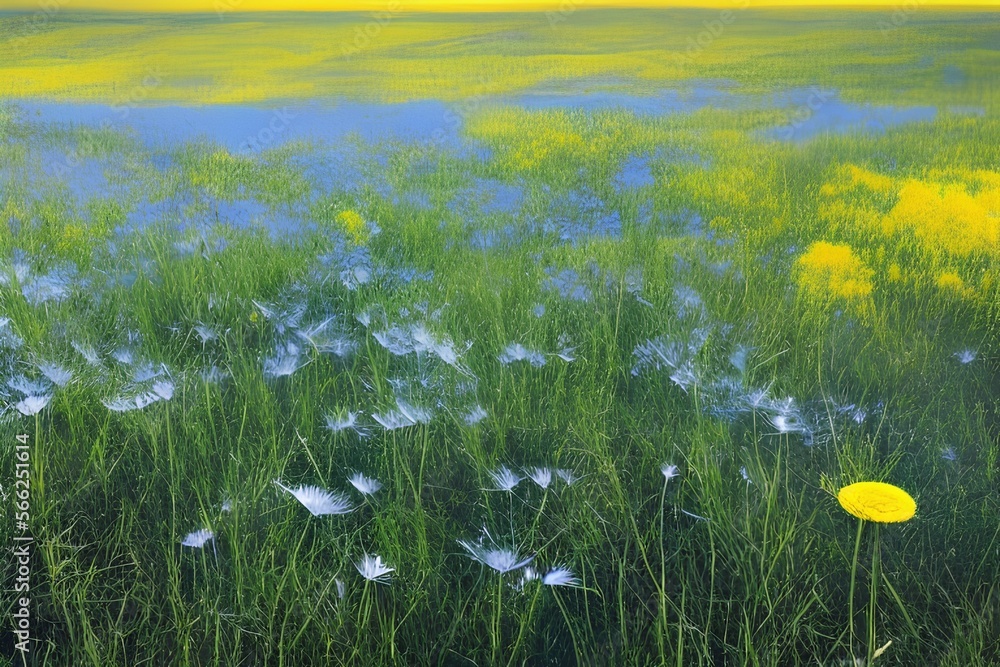 Beautiful meadow field with fresh grass and yellow dandelion flowers in nature against blurry blue sky with clouds. summer spring perfect natural landscape - generative ai