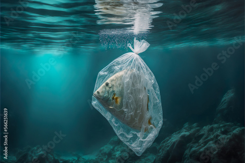 A fish in plastic bag. Pollution in oceans concept. Created by Generative Al.