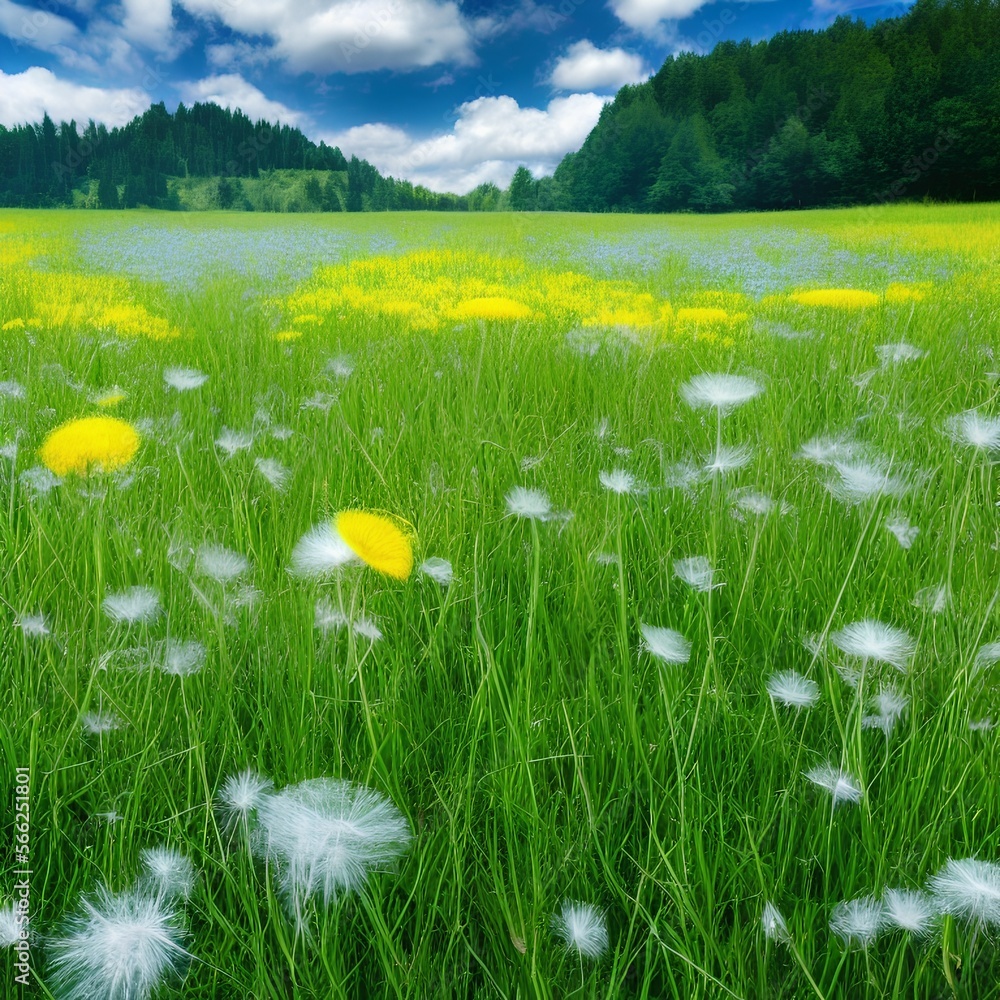 Beautiful meadow field with fresh grass and yellow dandelion flowers in ...