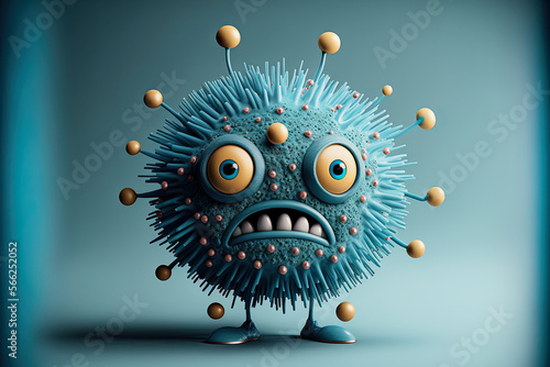 ai generated fantasy illustration of blue virus character with sad face
