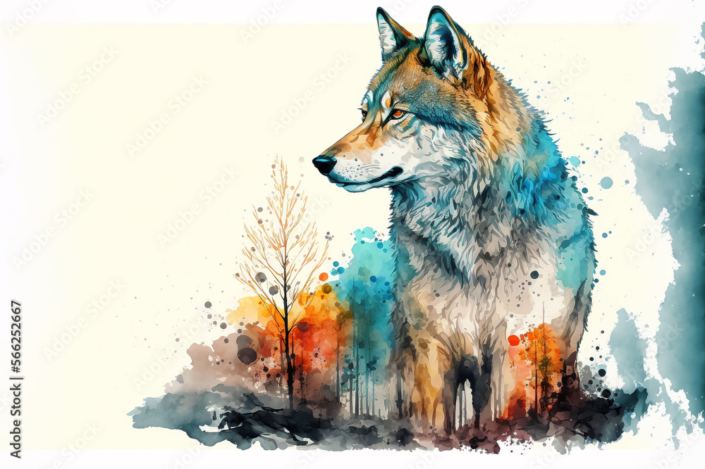 Fototapeta Wolf head Watercolor paint. Generative AI