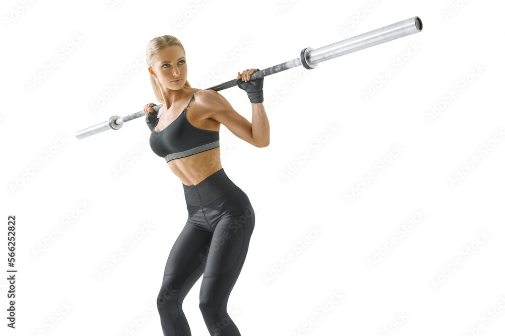 Bodybuilder woman squats with barbell Transparent PNG isolated. Buttocks, legs workout. Bodybuilder woman squats with barbell Transparent PNG isolated. Buttocks, legs workout.