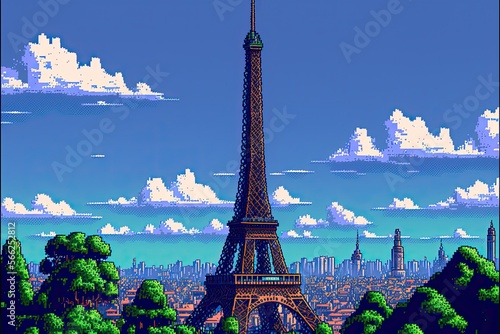 Pixel art Eiffel Tower, public park with trees in Paris, city ​​landscape in retro style for 8 bit game, Generative AI