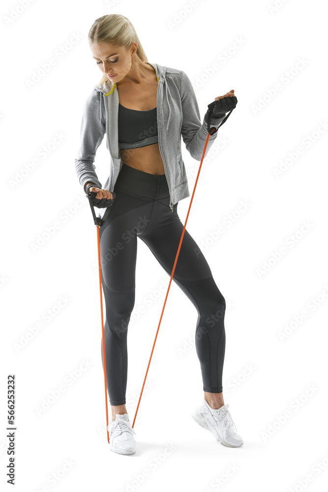 Rubber rope exercise. Resistance band training. Sporty female athlete resistance band workout. Transparent PNG Isolated Full length portrait of sportswoman. Rubber rope exercise. Resistance band training. Sporty female athlete resistance band workout. Transparent PNG Isolated Full length portrait of sportswoman.